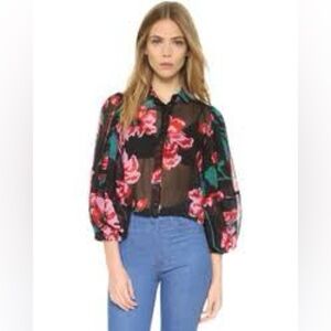 Nicholas Black Floral Sheer Balloon Sleeve Blouse - Size Medium
